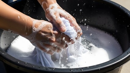 Close-up of Hands Washing White Cloth in Soapy Water Basin