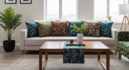 Contemporary living space showcasing patterned accent pillows on a light colored sofa