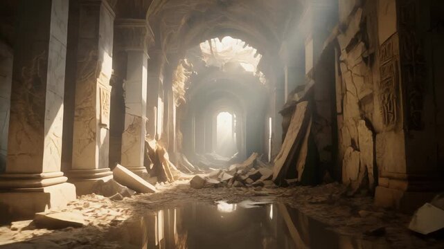 Long broken marble corridor with fractured columns, reflective stone floors
