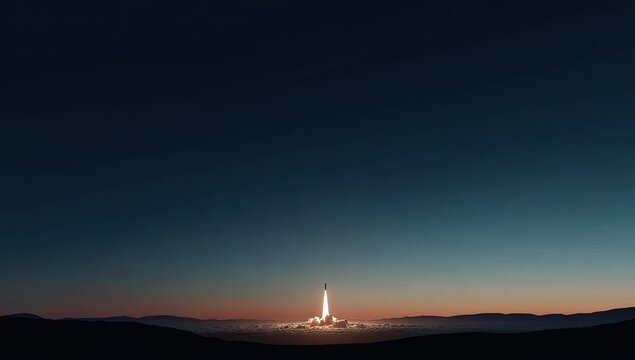 Silhouette rocket ascending into twilight sky above distant hills, illuminated by fiery exhaust