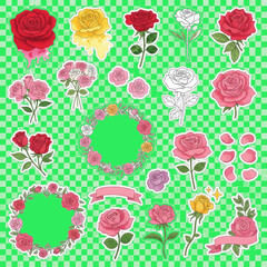 Naklejka premium A charming collection of rose-themed stickers featuring various designs, including single blooms, bouquets, floral wreaths, and delicate petals. The set showcases a romantic palette of red, pink, 