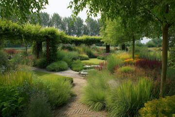 Fototapeta premium A lush garden of vibrant plants invites peaceful exploration and connection with nature Generative AI