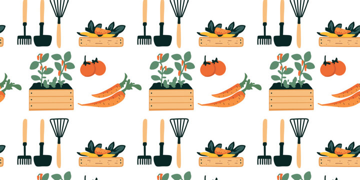 cute harvest vegetables and garden tools seamless pattern