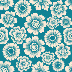 Fototapeta premium Elegant vintage floral seamless pattern with detailed flowers on teal background, suitable for fabric, wallpaper, and classic surface design.