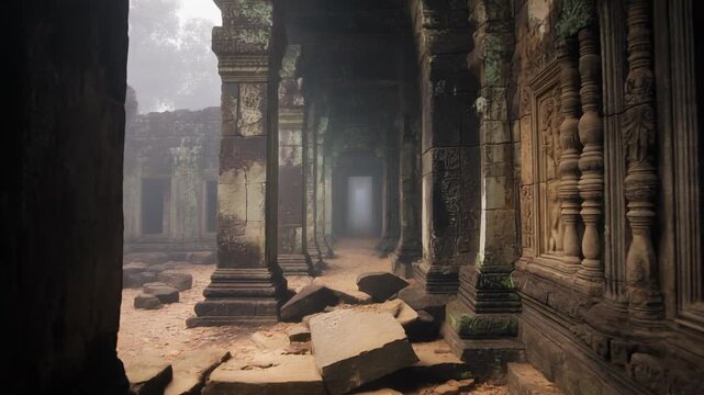Long corridor of Angkor temple ruins, broken walls with carvings of apsaras partially eroded