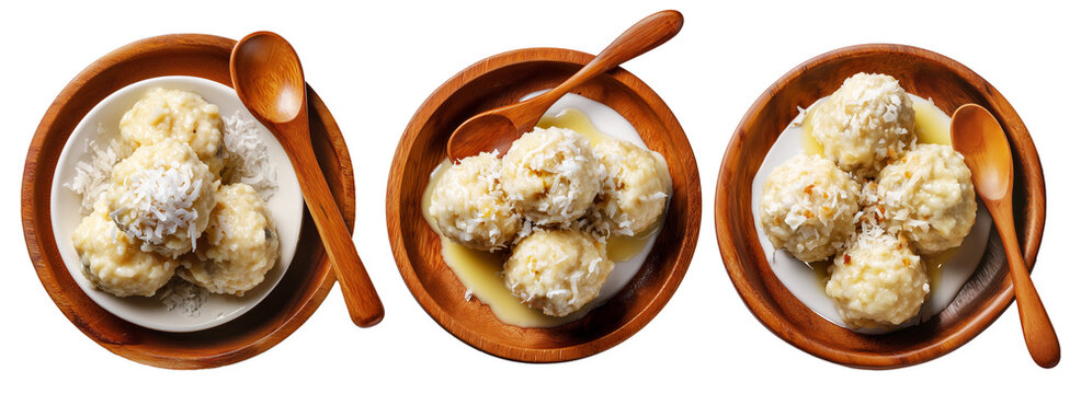 Banana rice dumplings topped with shredded coconut and sweet custard sauce in wooden bowl, isolated on white background