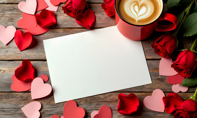 Valentine Day card with red and pink paper hearts, red rose petals, fresh red roses, and cup of coffee with heart shaped latte art on rustic wooden table