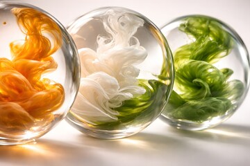 Fluid shapes in saffron white green colours suspended inside glass forms, transparency, refraction