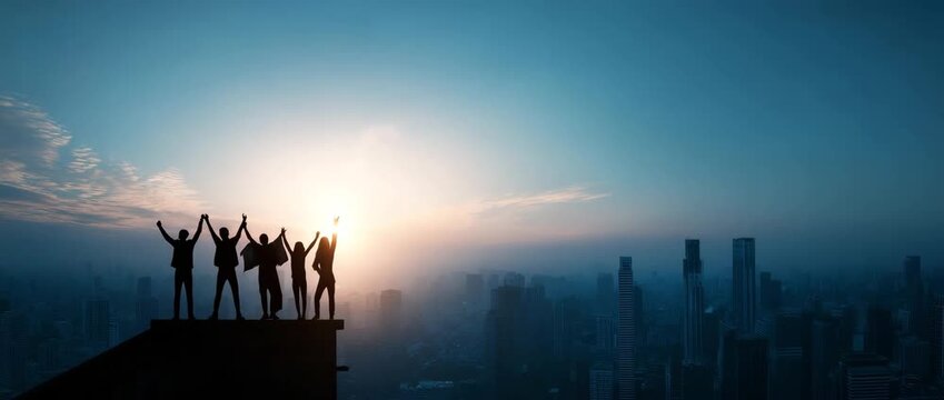Silhouettes of a diverse group standing together on a rooftop with raised arms against a sunrise city skyline. teamwork, success, unity, achievement