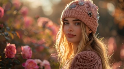 Dreamy portrait of a young woman with a knit hat standing in a rose garden during golden hour