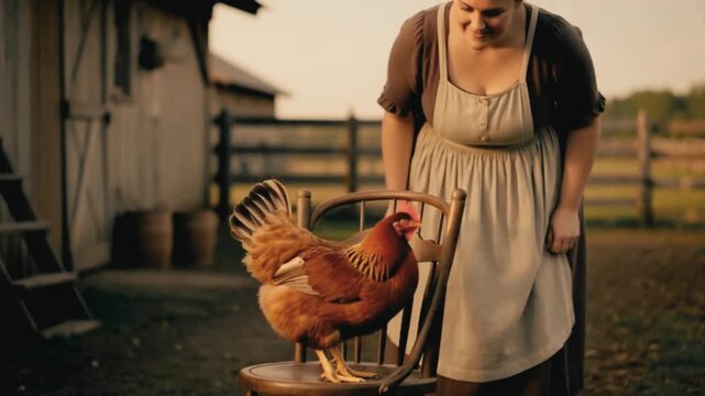 woman carries a chair and places it down, about to sit a chicken jumps onto the chair first and settles. farmyard setting. video