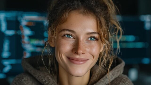 Smiling woman in Technology environment: A portrait of a woman with a warm smile, set against the backdrop of a computer screen. This image showcases the fusion of technology and human connection.