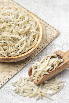 Close-up of dried anchovies piled, teri nasi or teri medan