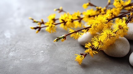 Yellow Spring Flowers with White Stones on Gray Concrete Surface