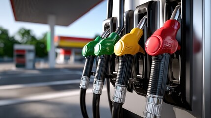Colorful Fuel Pump Nozzles at Modern Gas Station