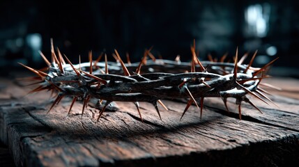 Crown of Thorns on Wood Symbolizing Crucifixion and Sacrifice