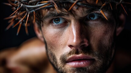 Portrait of Man Wearing Crown of Thorns in Dramatic Lighting