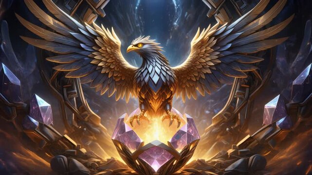 mechanical phoenix emerging from crystal egg, titanium-dark gold feathers
