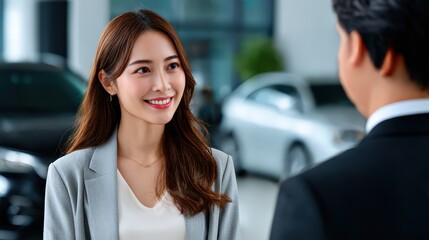 Fototapeta premium Car Saleswoman Assisting Customer In Showroom