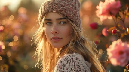 Beautiful young woman in a pink knit hat standing in a blooming rose garden at sunset