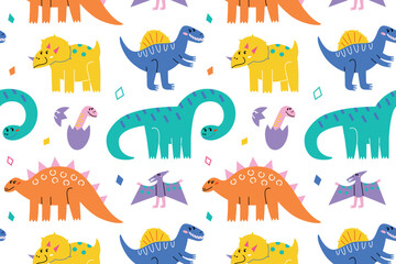 Colorful dinosaur pattern with funny cartoon creatures in playful style. Flat cartoon vector illustration for kids design, education themes, wallpapers, textiles, wrapping paper, cheerful prints © Elena
