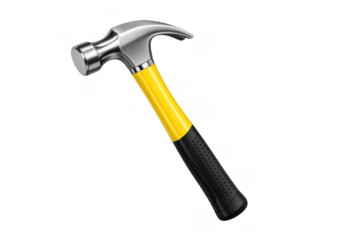 Claw hammer with a yellow and black handle, a construction and repair tool with transparent background
