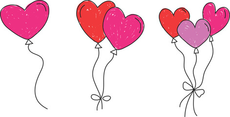 Hand drawn sketch of a bunch of heart shaped balloons tied with a ribbon for romantic celebration, Whimsical hand drawn balloons clip art, Design for valentine's day, anniversary, children, art work, © Mashuda