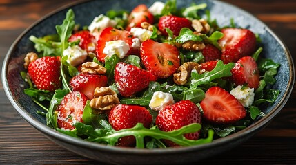 Strawberry salad with arugula, feta cheese, and walnuts.
