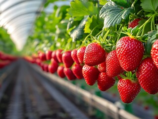 Fresh, bright red strawberries ready for harvest from an organic farm.
