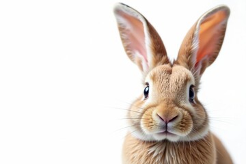 A Close-Up Portrait of an Adorable Light Brown Rabbit with Long Ears and Inquisitive Eyes Against a Pure White Background