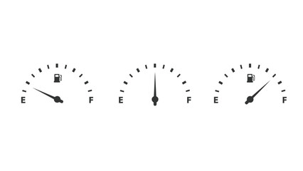 A set of fuel gauges showing different levels of gasoline