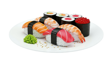 Assortment of Sushi and Maki Rolls with Wasabi on White Plate