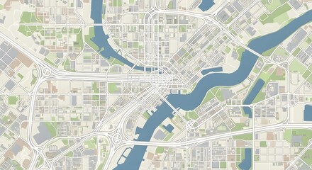 Aerial View of a City with a Winding River and Bridges.