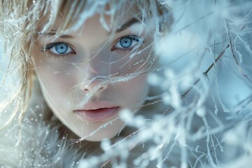 Surreal Winter Portrait of a Woman with Frost on Her Eyelashes and Blue Eyes Framed by Icy Branches