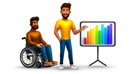 Two diverse businessmen collaborating on a colorful upward trending bar chart presentation highlighting successful teamwork and inclusion in a modern business setting.