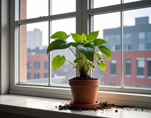 Potted plant on a windowsill with an urban background visible through a window