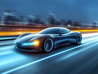 Obraz premium Modern sports car speeding through futuristic cityscape