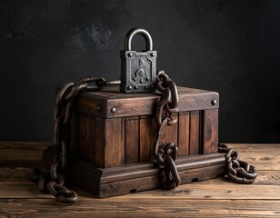 Wooden crate bound with chains and a lock on a wooden surface