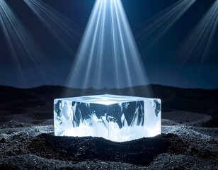 Illuminated ice cube on dark, textured ground under spotlights