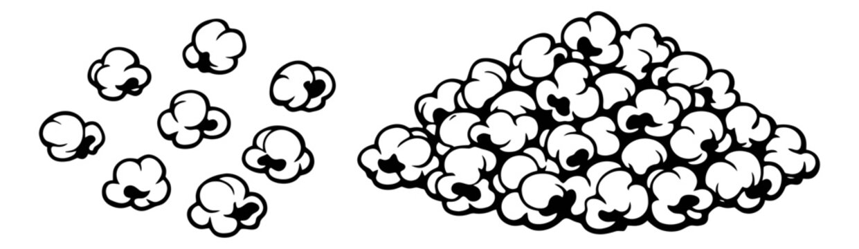 Hand drawn line art popcorn set featuring scattered kernels and a pile for movie night snacks
