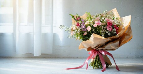 Fototapeta premium Floral bouquet rests near window. Soft light illuminates delicate pink, purple blooms wrapped in paper. Ribbon accents complete presentation.