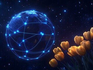 Global network connected with blooming tulips