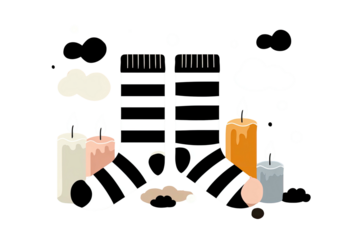 Whimsical illustration featuring five burning candles, clouds, and a striped structure