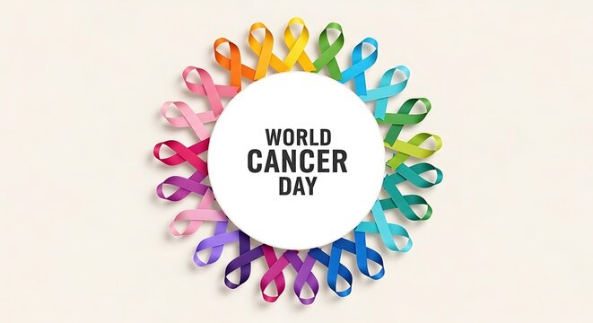 World Cancer Day awareness ribbons arranged in a circle, symbolizing unity and support for cancer patients and survivors.