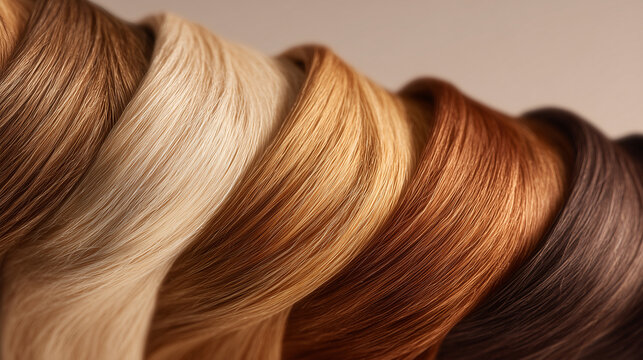 professional hair color palette display with neatly arranged dyed hair swatches, luxury hair dye samples showing various shades from blonde to brunette, hair salon colorist guide and beauty concept