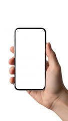 Hand holding smartphone isolated on transparent background