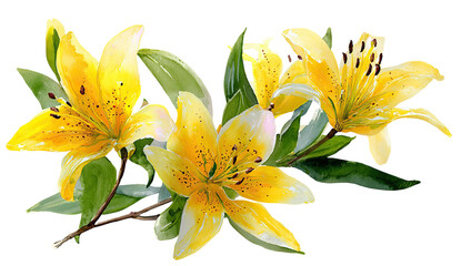 Stunning yellow lilies, vibrant petals with specks, lush green leaves, and delicate stems