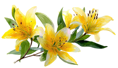 Stunning yellow lilies, vibrant petals with specks, lush green leaves, and delicate stems