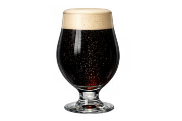 Dark beer stout or porter in a tulip glass with frothy head, black alcoholic beverage isolated on transparent background