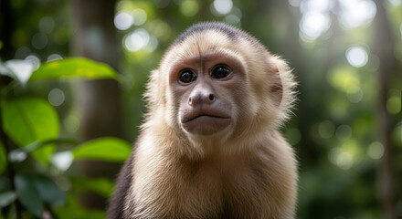 Obraz premium Curious Monkey in the Green Sanctuary Forest Observer: Baby Monkey Close-Up Gentle Gaze of the Jungle